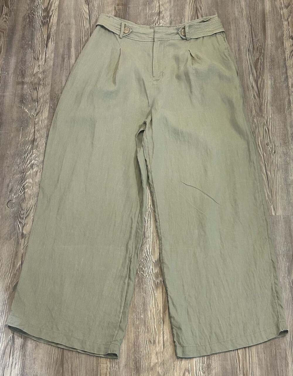 Nicole Miller New York Sage Green 100% Linen Pleated Wide-Leg Pants - Picture 1 of 9
